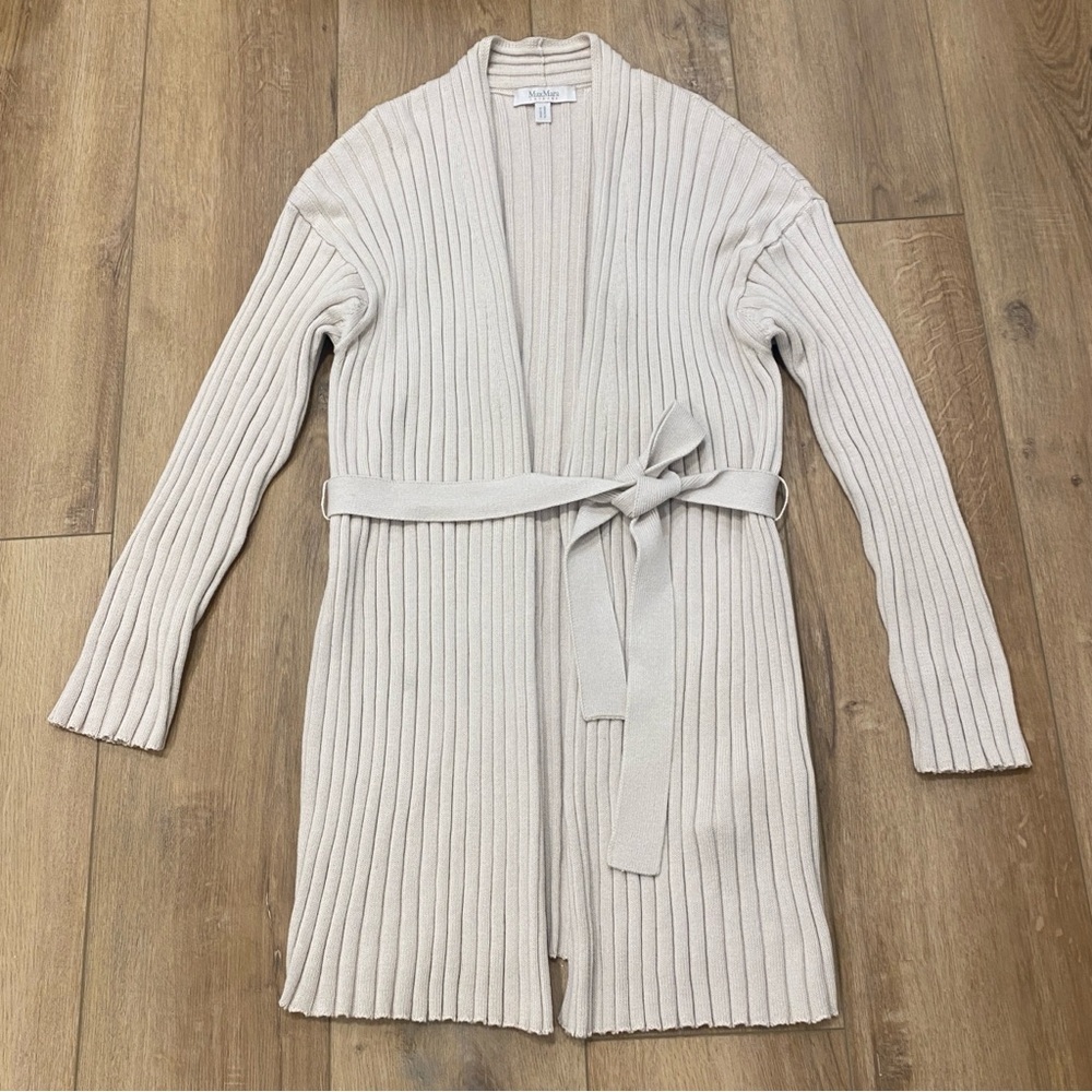 🌟MAX MARA🌟 LEISURE COTTON RIBBED LONG BELTED CARDIGAN BEIGE SZ L